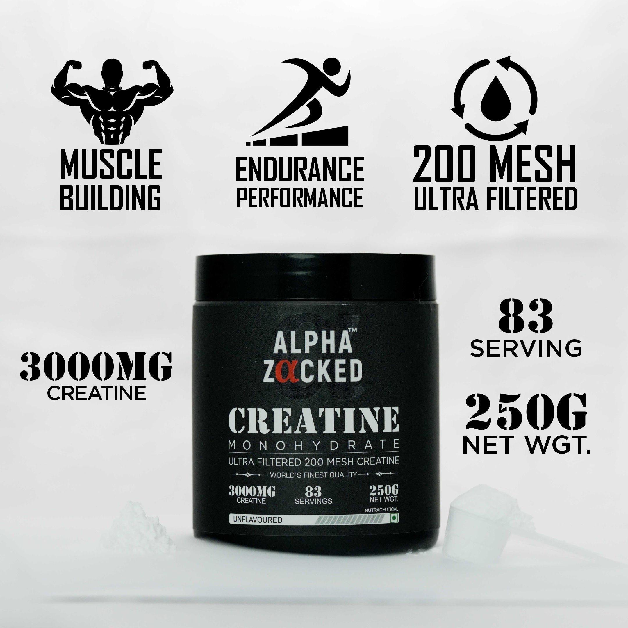 Zacked Creatine Monohydrate 200 Mesh Ultra Filtered for Muscles Building, Endurance Performance, 200 Mesh Ultra Filtered. With 83 Servings, 3000MG Monohydrate Creatine per servings. Net Weight: 250G