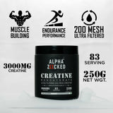 Zacked Creatine Monohydrate 200 Mesh Ultra Filtered for Muscles Building, Endurance Performance, 200 Mesh Ultra Filtered. With 83 Servings, 3000MG Monohydrate Creatine per servings. Net Weight: 250G