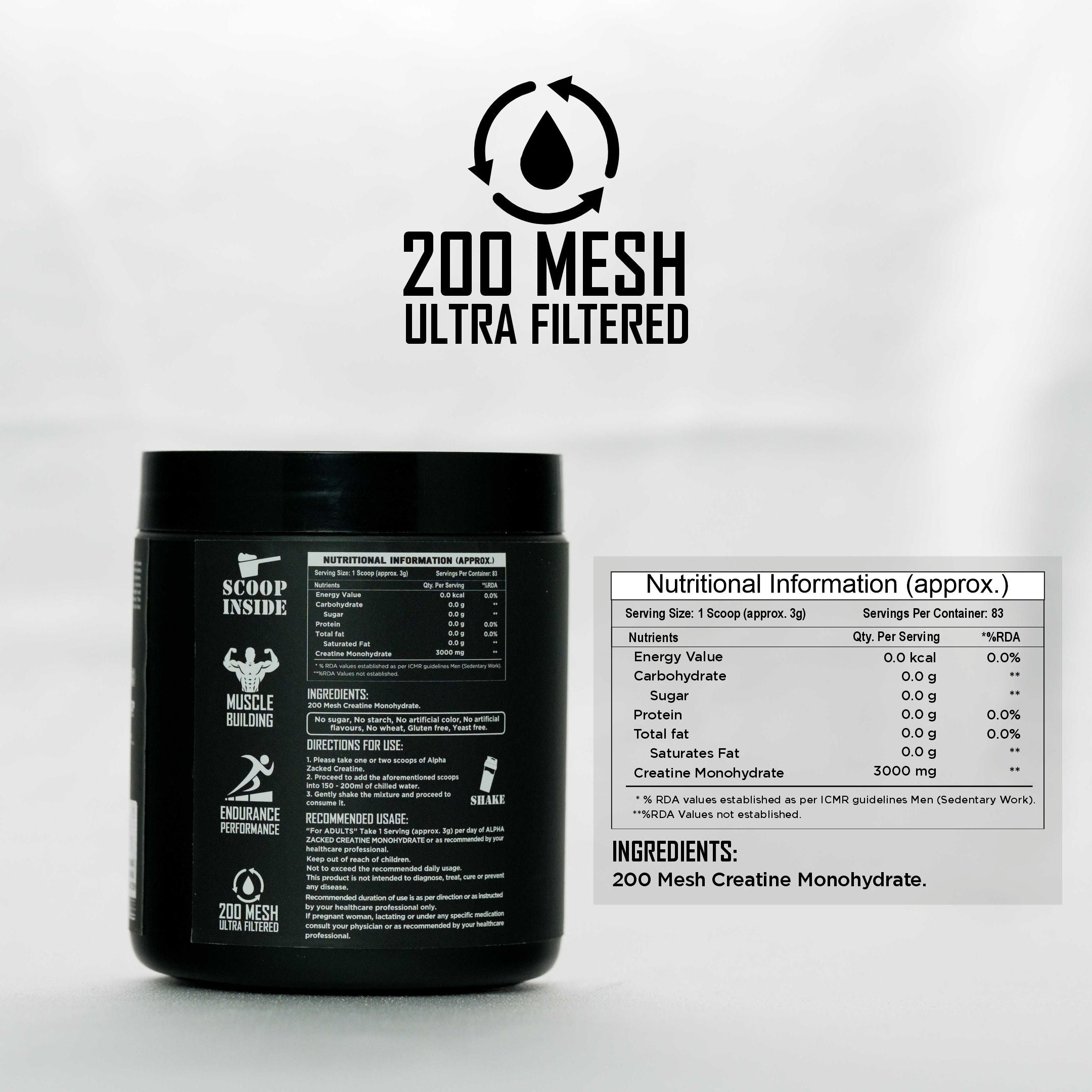 Zacked Creatine Monohydrate 200 Mesh Ultra Filtered Ingredients for Muscles Building, Endurance Performance, 200 Mesh Ultra Filtered. With 83 Servings, 3000MG Monohydrate Creatine per servings. Net Weight: 250G