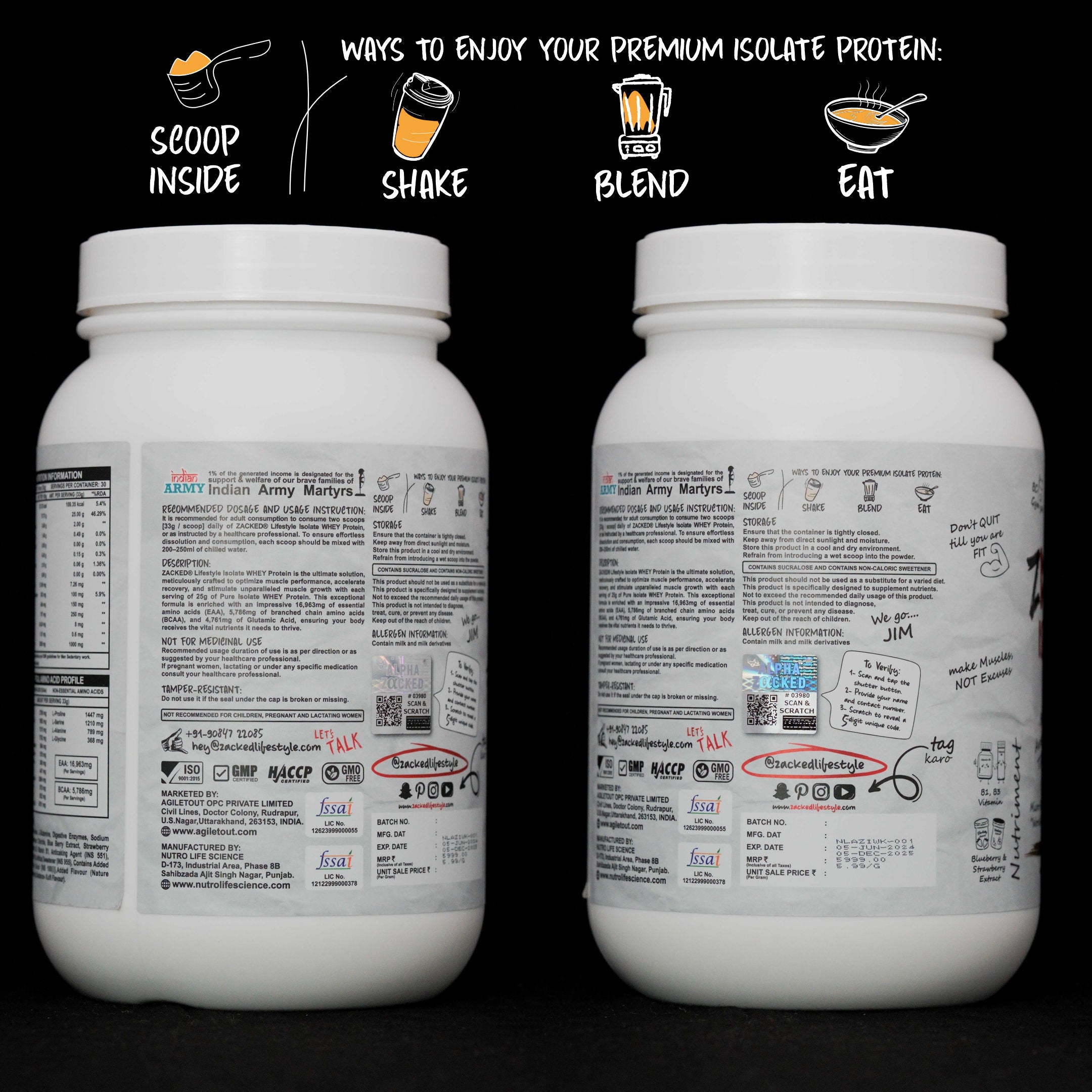 Zacked isolate WHEY Protein, Scoop Inside, and ways to enjoy your premium isolate protein: Shake, Blend, Eat
Also how to verify your Zacked Isolate Protein!