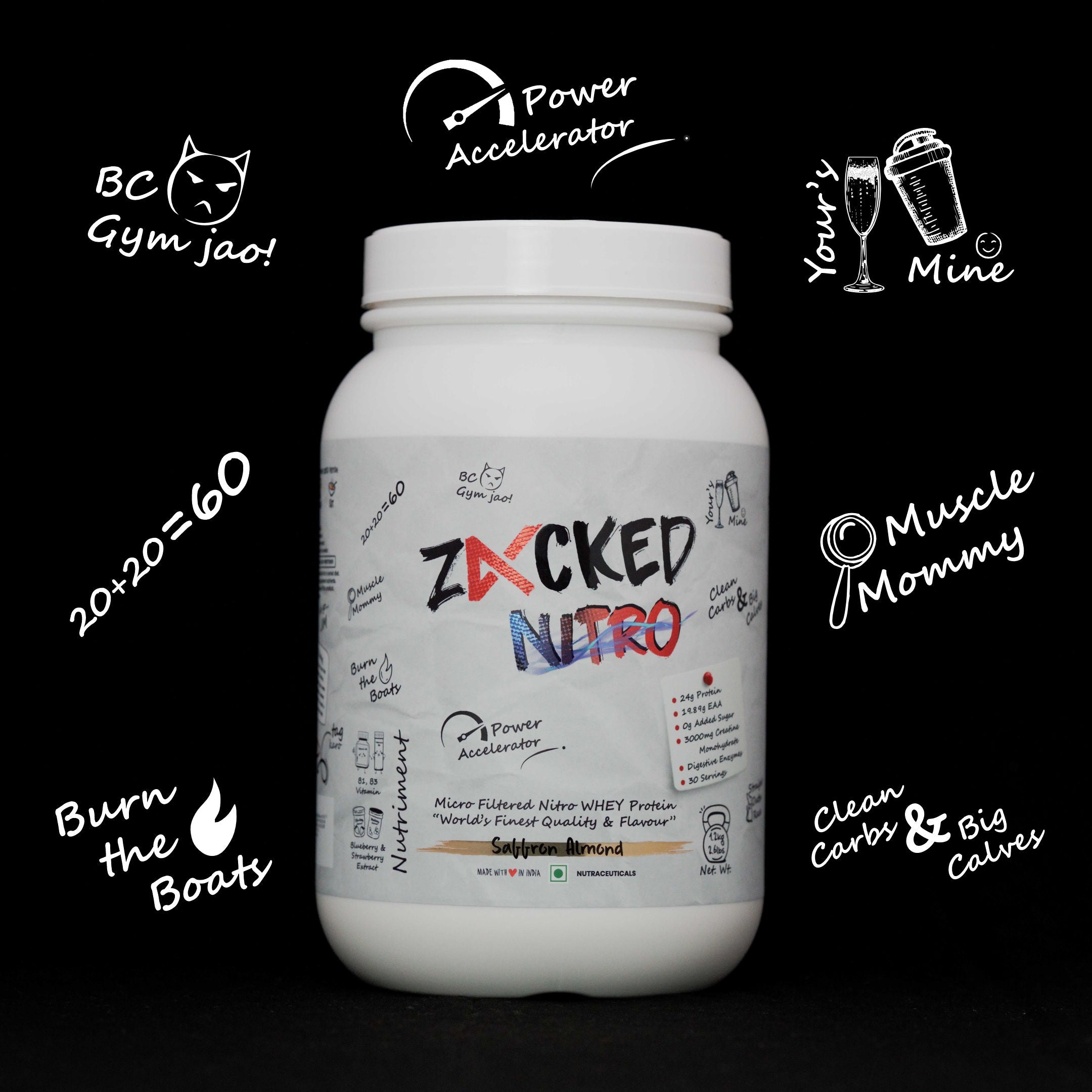 Zacked Nitro WHEY Isolate Protein with Gen-Z Slangs, Burn the Boats, 20+20=60, BC Gym Jao!, Power Accelerator, Your's Mine, Muscle Mommy, Clean Carbs & Big Calves.
