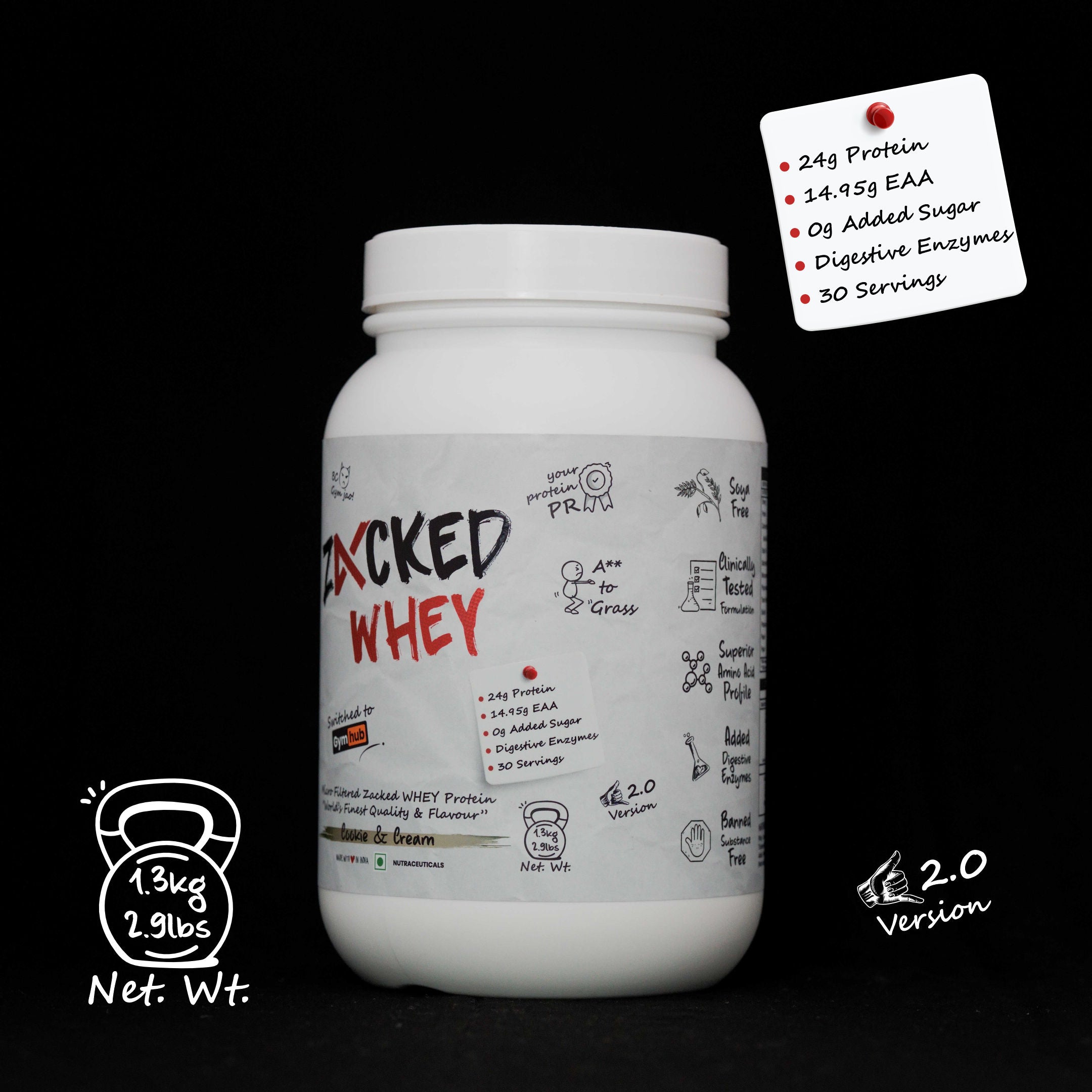 Zacked Whey Concentrate Protein with 24g Protein, 14.95g EAA, 0g Added Sugar, Digestive Enzymes, 30 Servings, Net Weight 1.3KG - 2.9lbs, Version 2.0