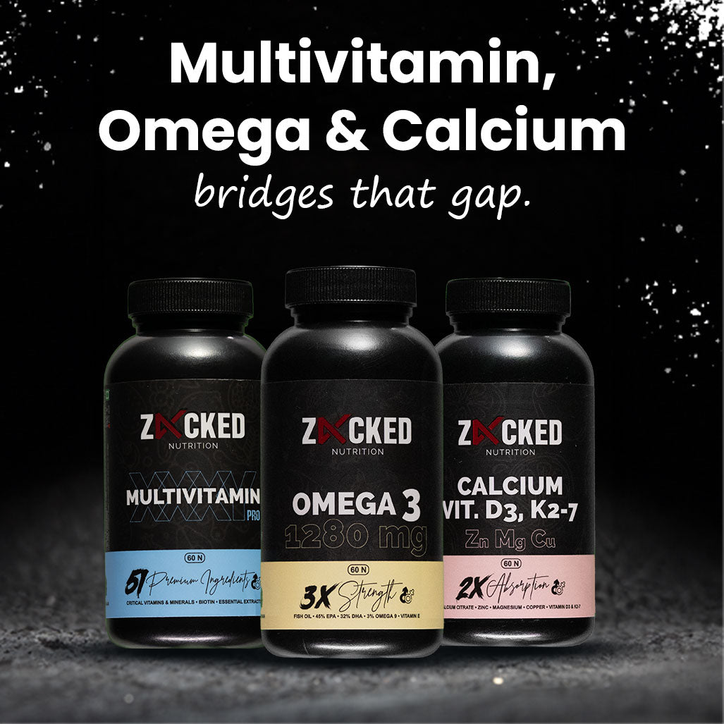 60X3  Zacked Essential Wellness Combo, Omega 3 (1280mg) + Multivitamin Pro + Calcium Citrate (60N Each)