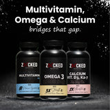 60X3  Zacked Essential Wellness Combo, Omega 3 (1280mg) + Multivitamin Pro + Calcium Citrate (60N Each)