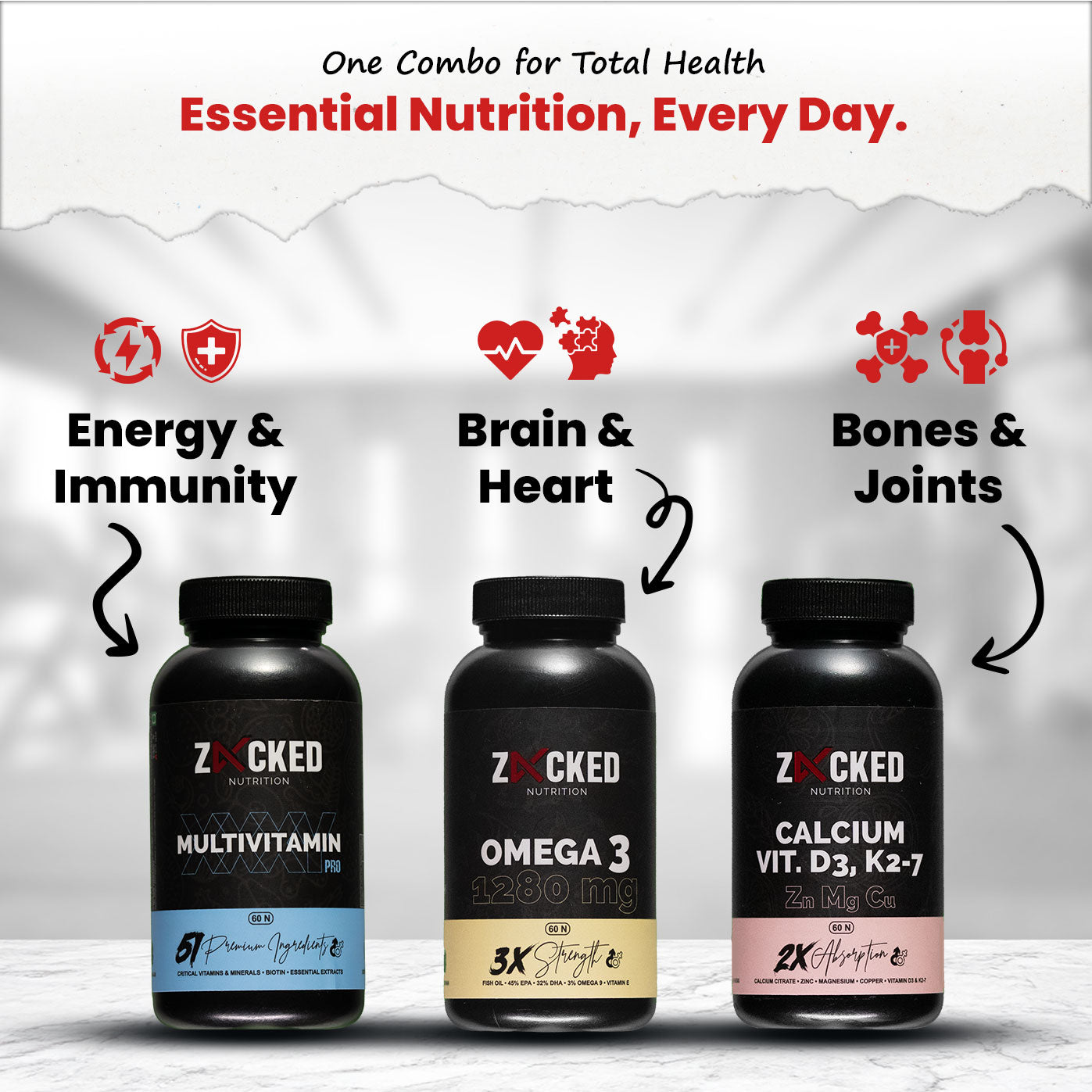 60X3  Zacked Essential Wellness Combo, Omega 3 (1280mg) + Multivitamin Pro + Calcium Citrate (60N Each)