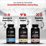 60X3  Zacked Essential Wellness Combo, Omega 3 (1280mg) + Multivitamin Pro + Calcium Citrate (60N Each)